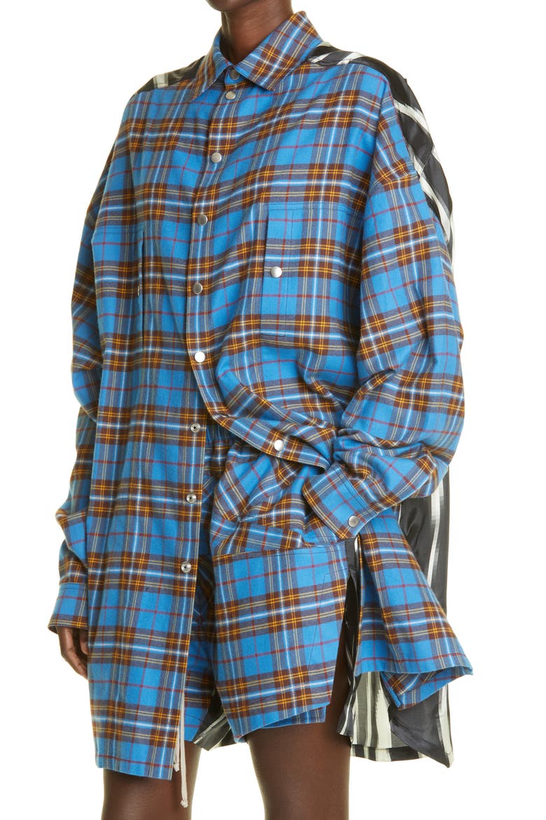 Tommy Plaid Oversize Mixed Media Overshirt, Alternate, color, BLUE PLAID/ BLACK/ MILK