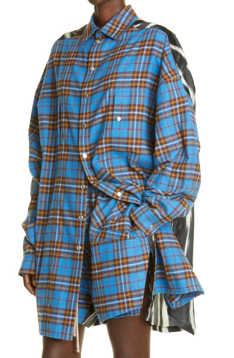 Rick Owens Tommy Plaid Oversize Mixed Media Overshirt, Alternate, color,