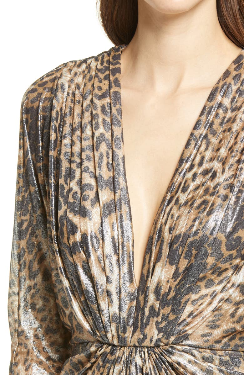 SHO by Tadashi Shoji Animal Print Plunge Neck Ruched Long Sleeve Dress, Alternate, color, 
