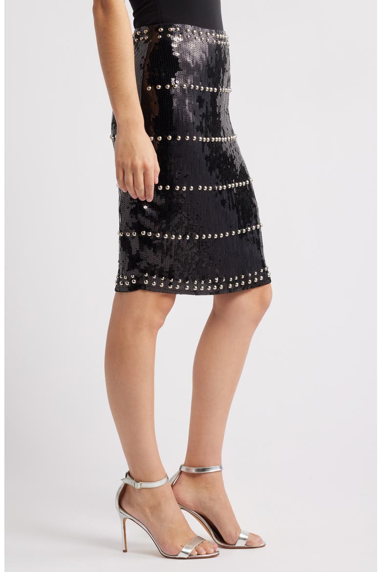 Dagny Stud Sequin Skirt, Alternate, color, BLACK