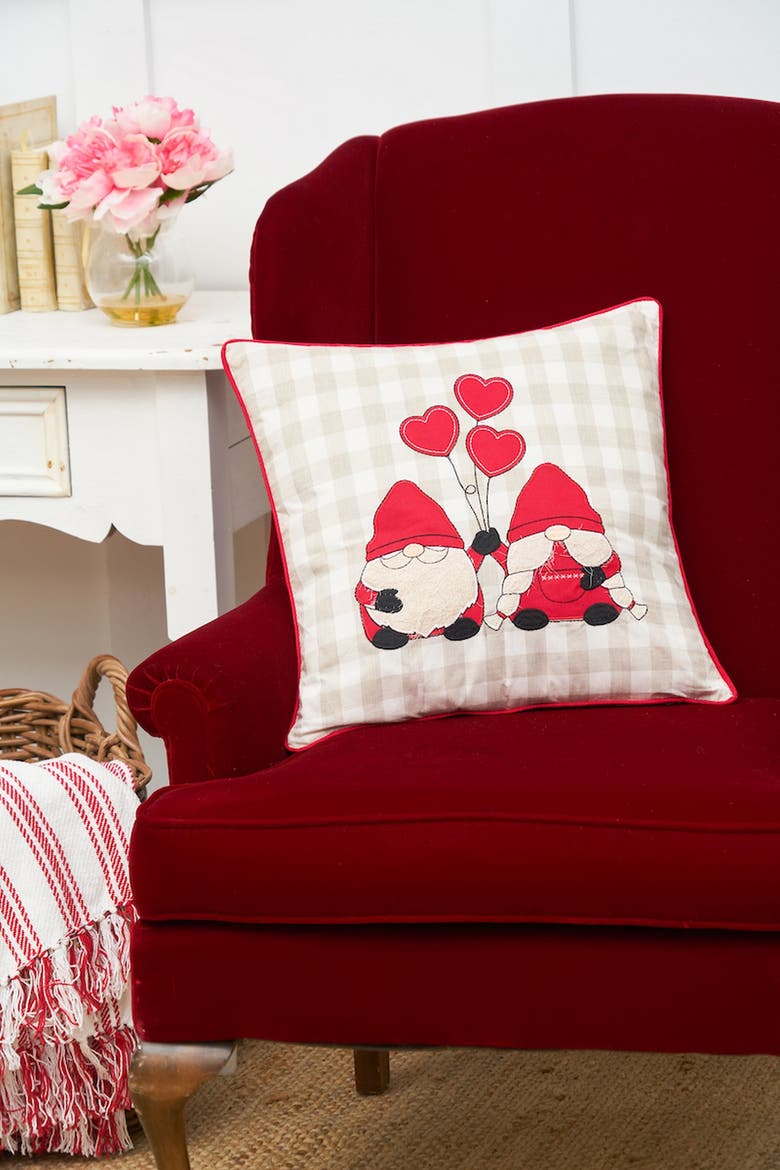 Gnomes w/ Heart Balloons Embroidered Valentine's Day Accent Throw Pillow 18" x 18", Alternate, color, Red