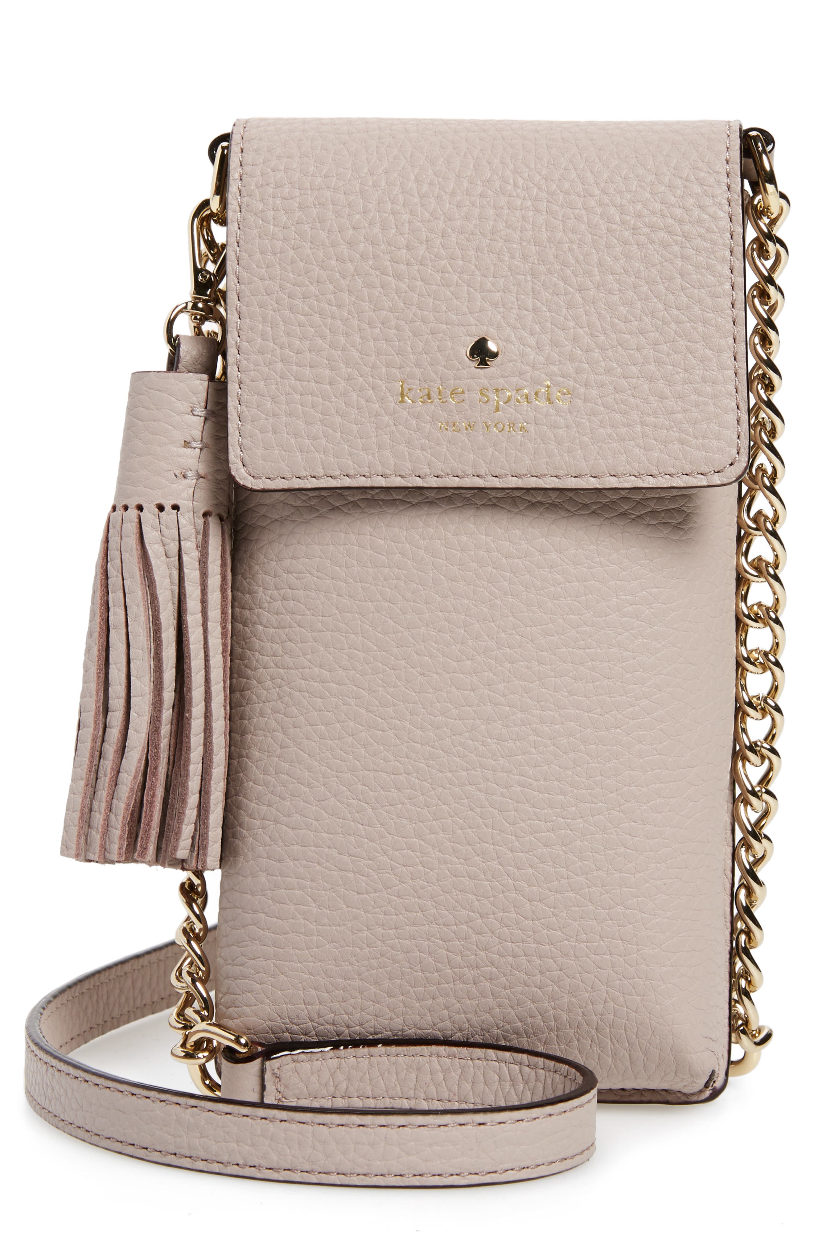 north/south leather smartphone crossbody bag, Main, color, BONE GREY