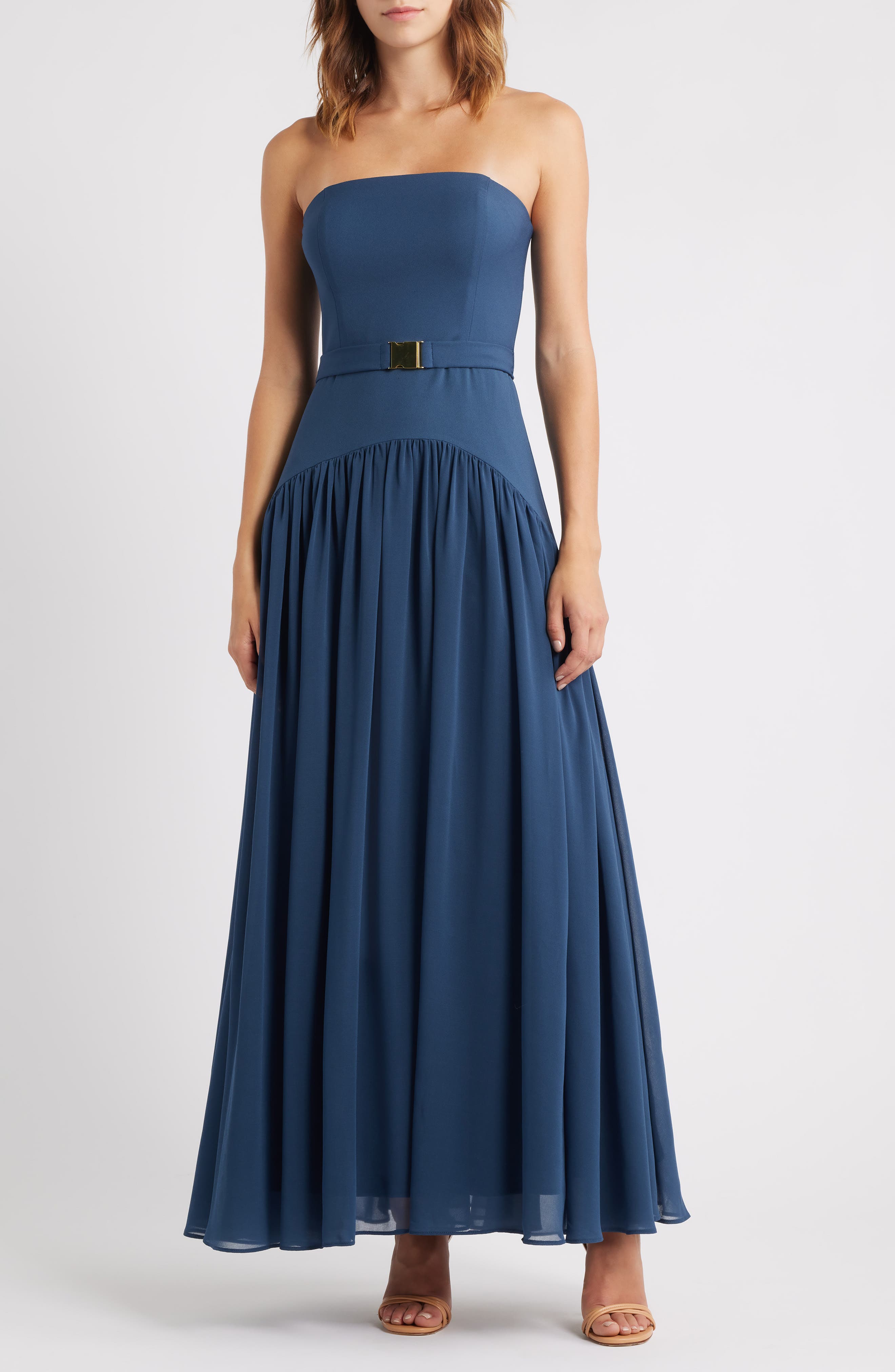 Belted Strapless Drop Waist Dress