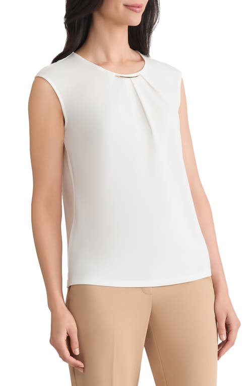 Kasper Metal Accent Gathered Neck Crepe Knit Top In White