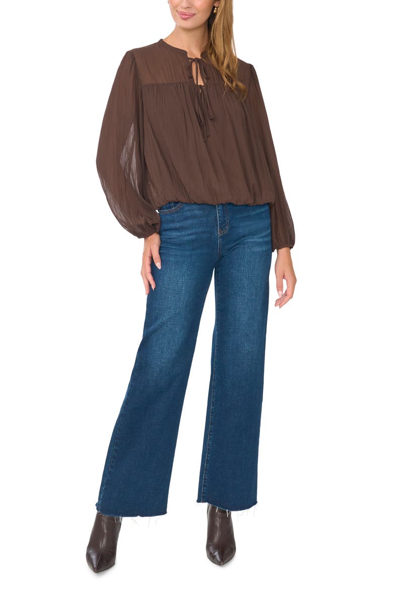 Tie Neck Bubble Hem Top, Alternate, color, RICH CHOCOLATE