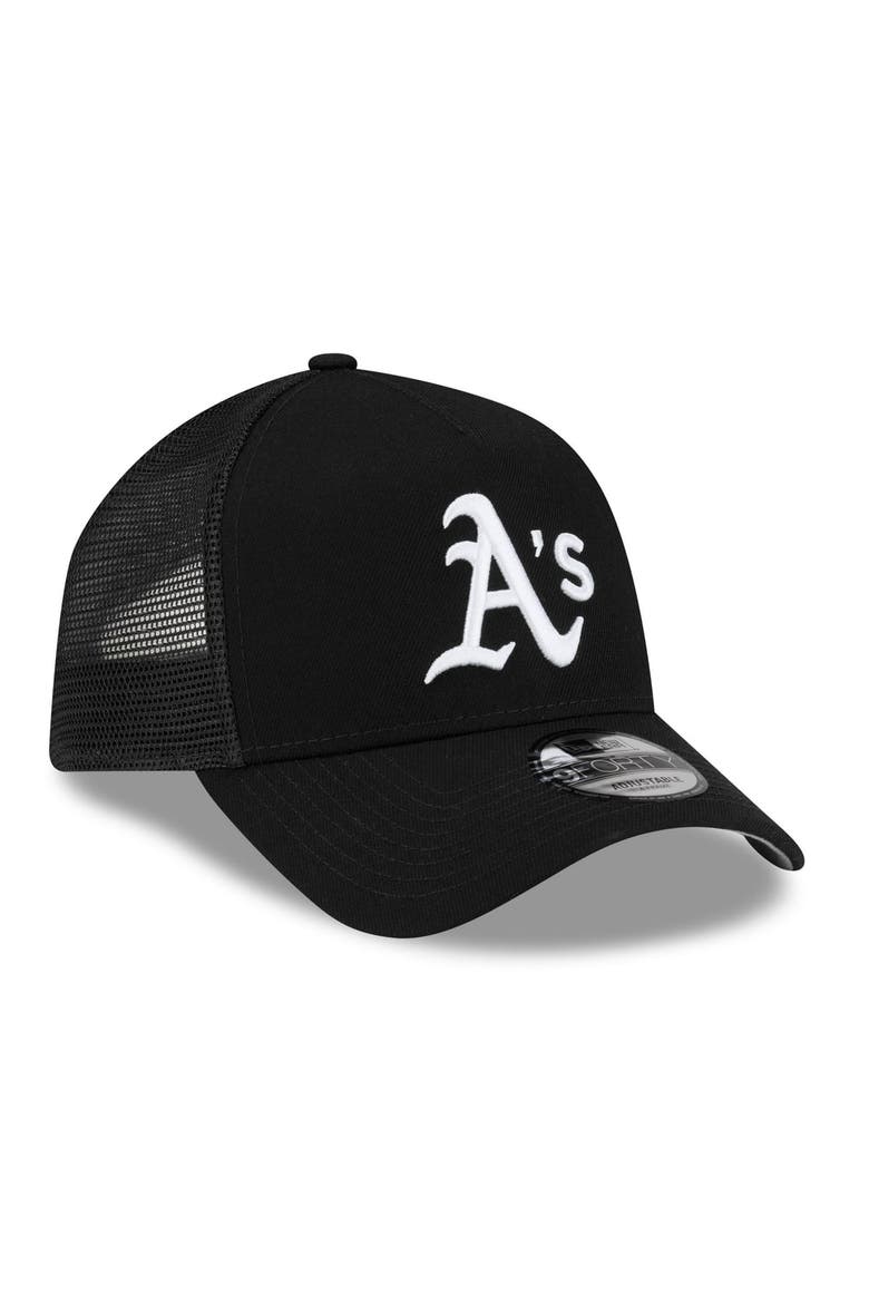 Men's New Era Black Athletics Side Script 9FORTY A-Frame Trucker Adjustable Hat, Alternate, color, Black