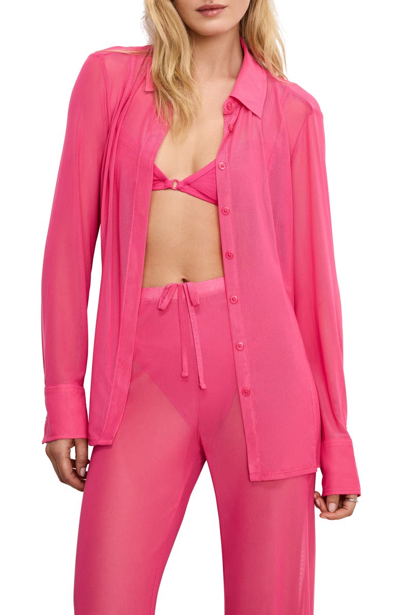Good American Sheer Mesh Button-Up Shirt, Main, color, Ballerina Pink004