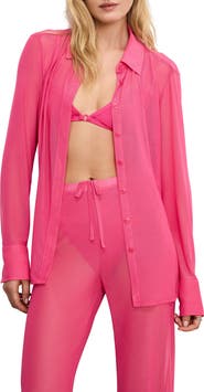 Good American Sheer Mesh Button-Up Shirt