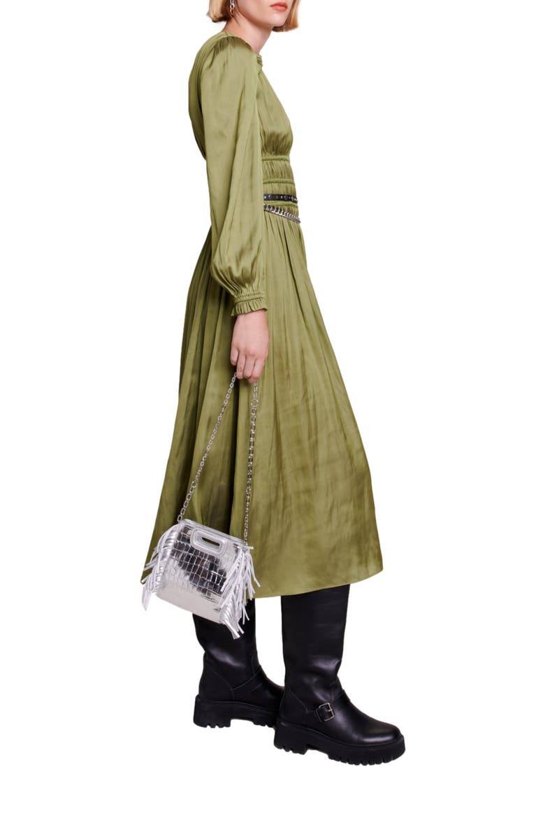 Long Sleeve Ruffle Satin Midi Dress, Alternate, color, KHAKI