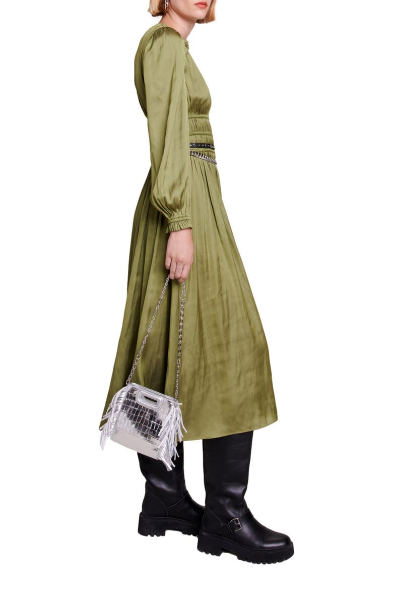maje Long Sleeve Ruffle Satin Midi Dress, Alternate, color, 