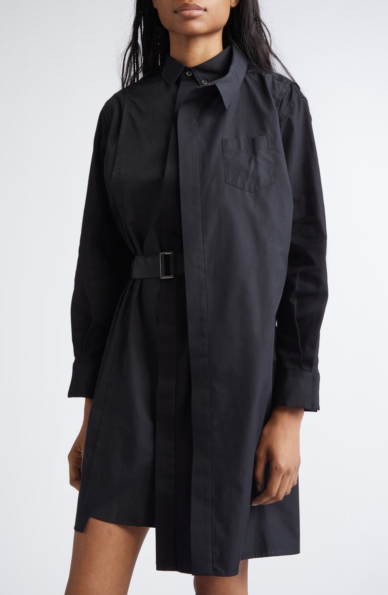 Sacai Belted Long Sleeve Poplin Shirtdress, Alternate, color, Black