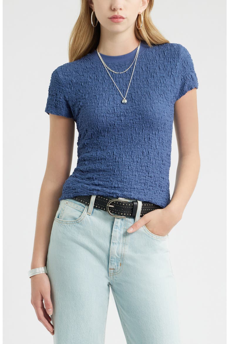 Crinkle Knit Crewneck Top, Main, color, BLUE INDIGO