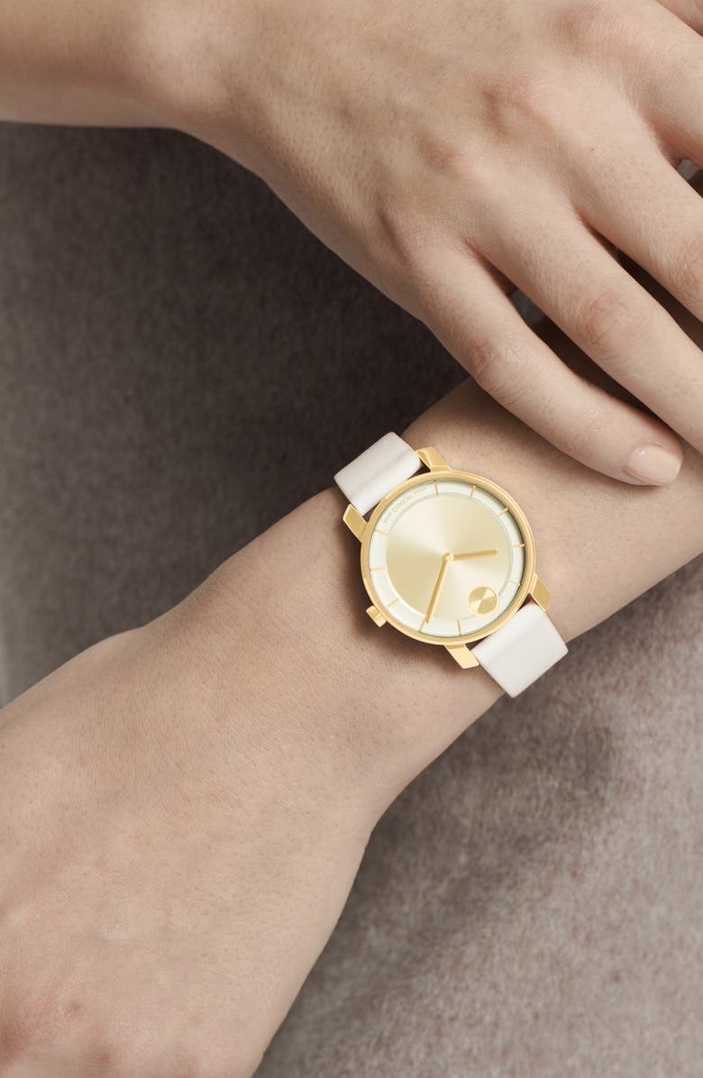 Movado Bold Access Museum Dot Leather Strap Watch, 34mm, Alternate, color, Gold