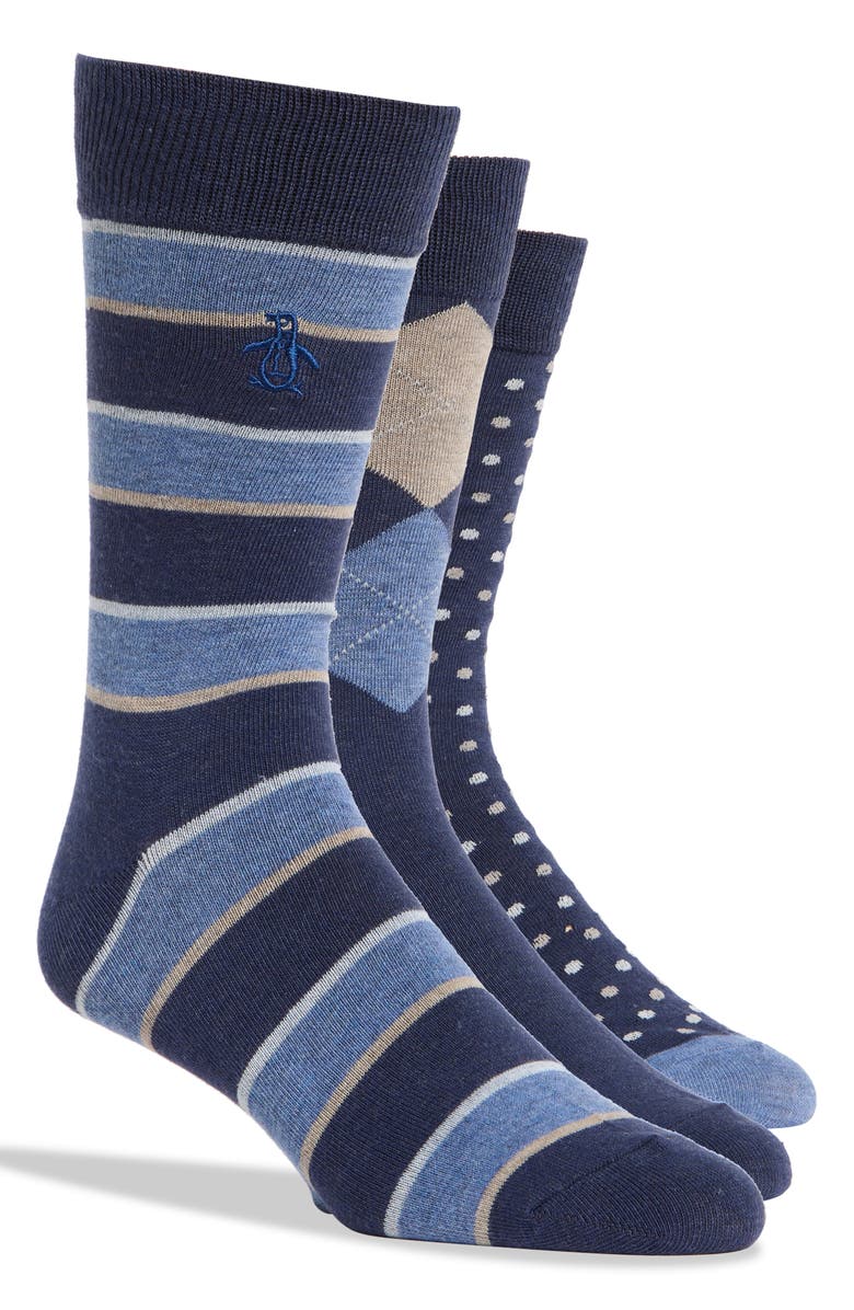 Original Penguin Gilbert Dot Crew Socks - Pack of 3, Main, color, Navy