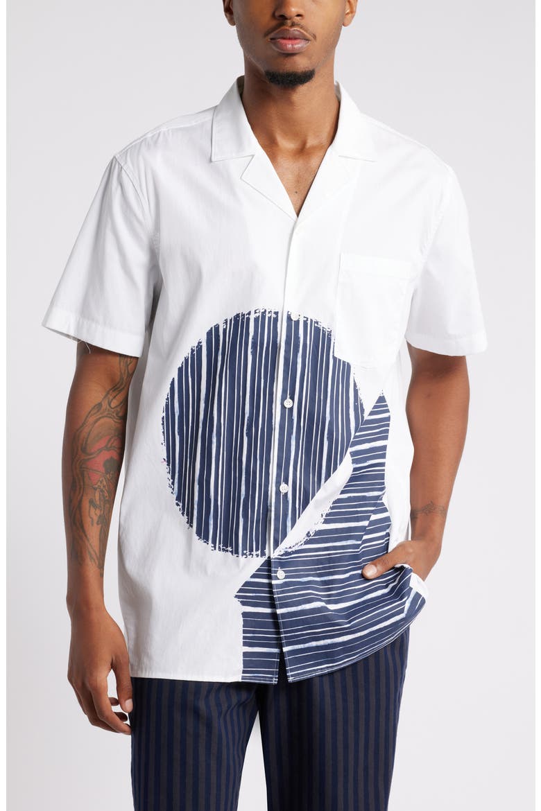 House of Aama Hatch Camp Shirt, Main, color, WHITE- NAVY BATIK GRAPHIC