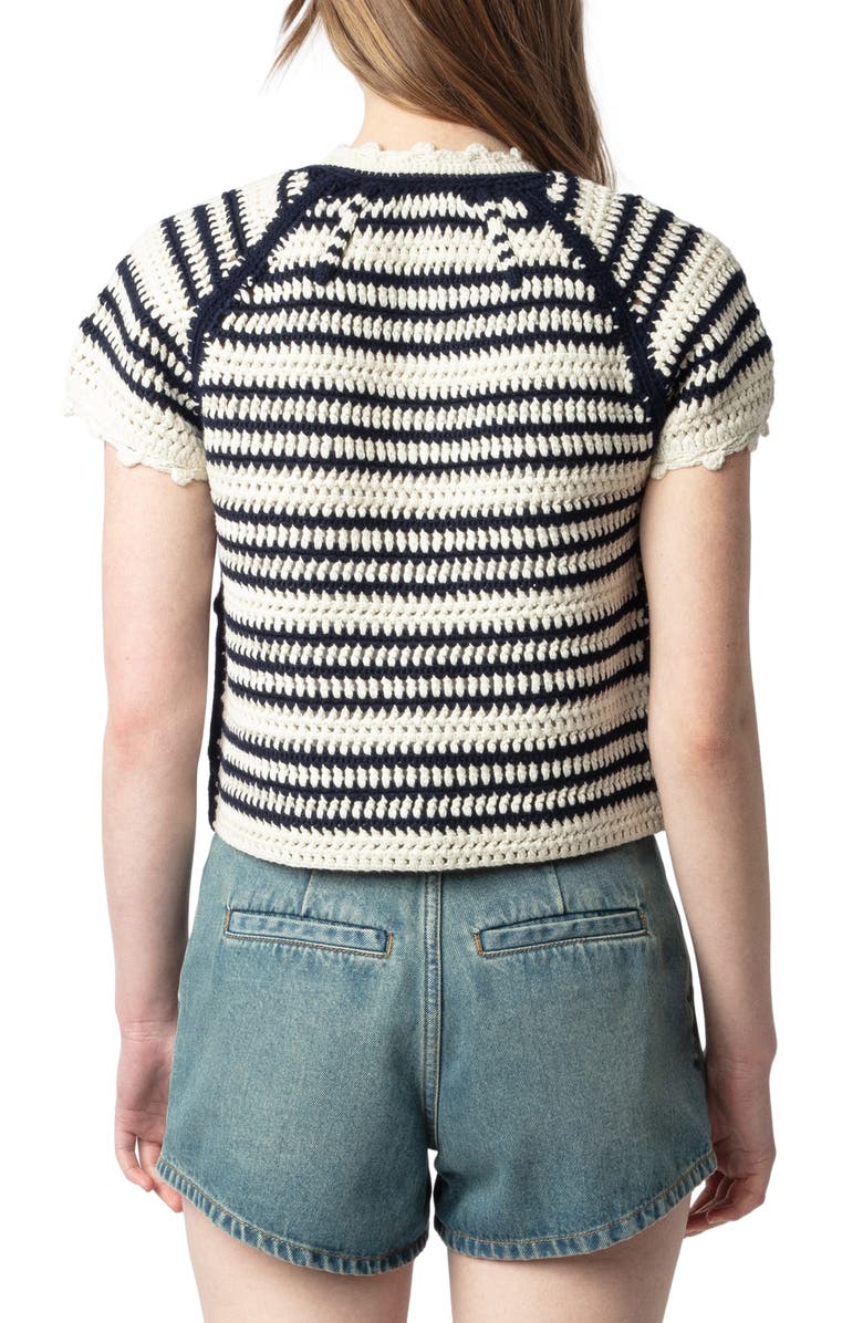 Zadig & Voltaire Zelie Stripe Open Stitch Short Sleeve Cotton Cardigan, Alternate, color,