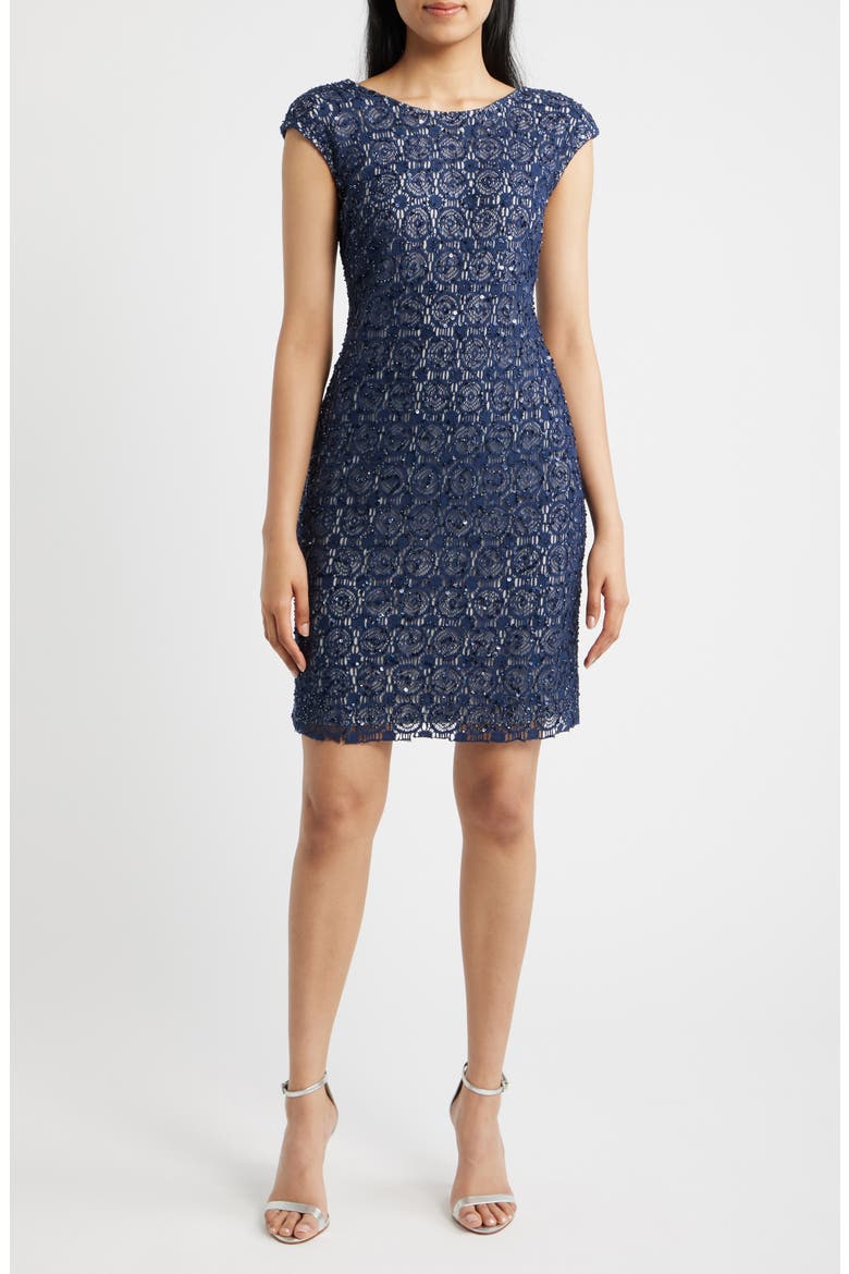 Open Stitch Cocktail Dress, Main, color, NAVY