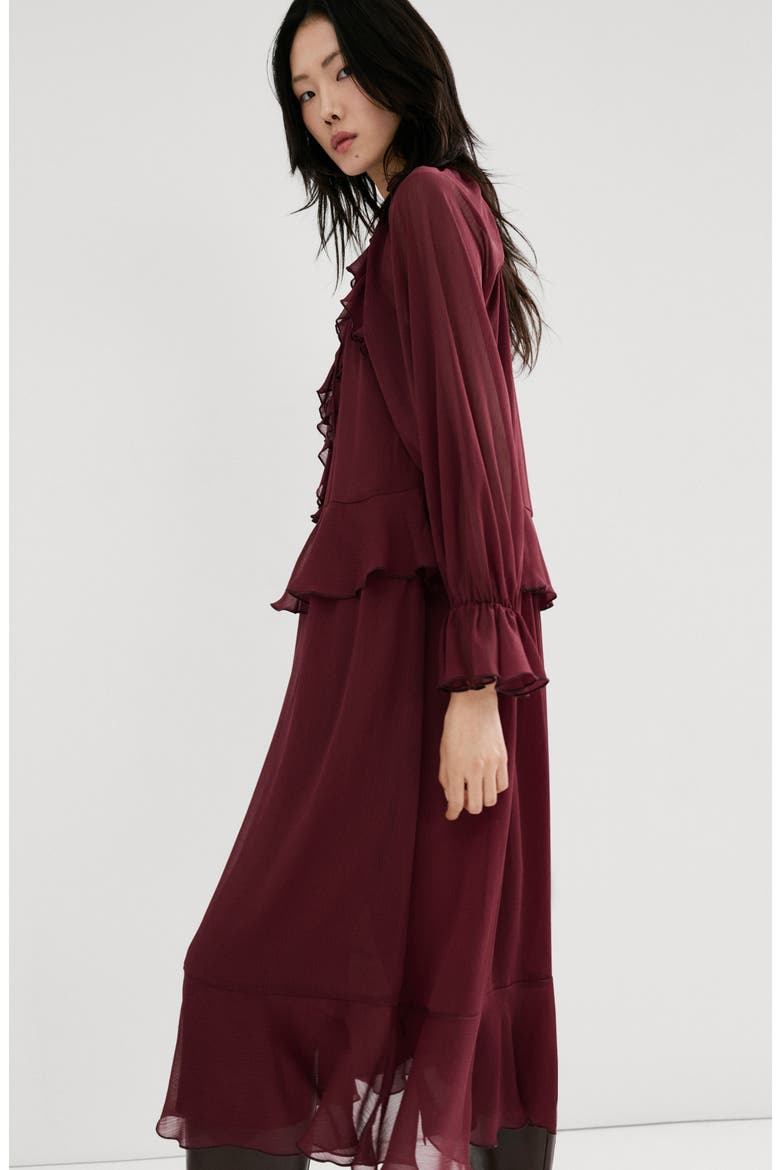 Ruffle Detail Long Sleeve Dress, Alternate, color, BURGUNDY