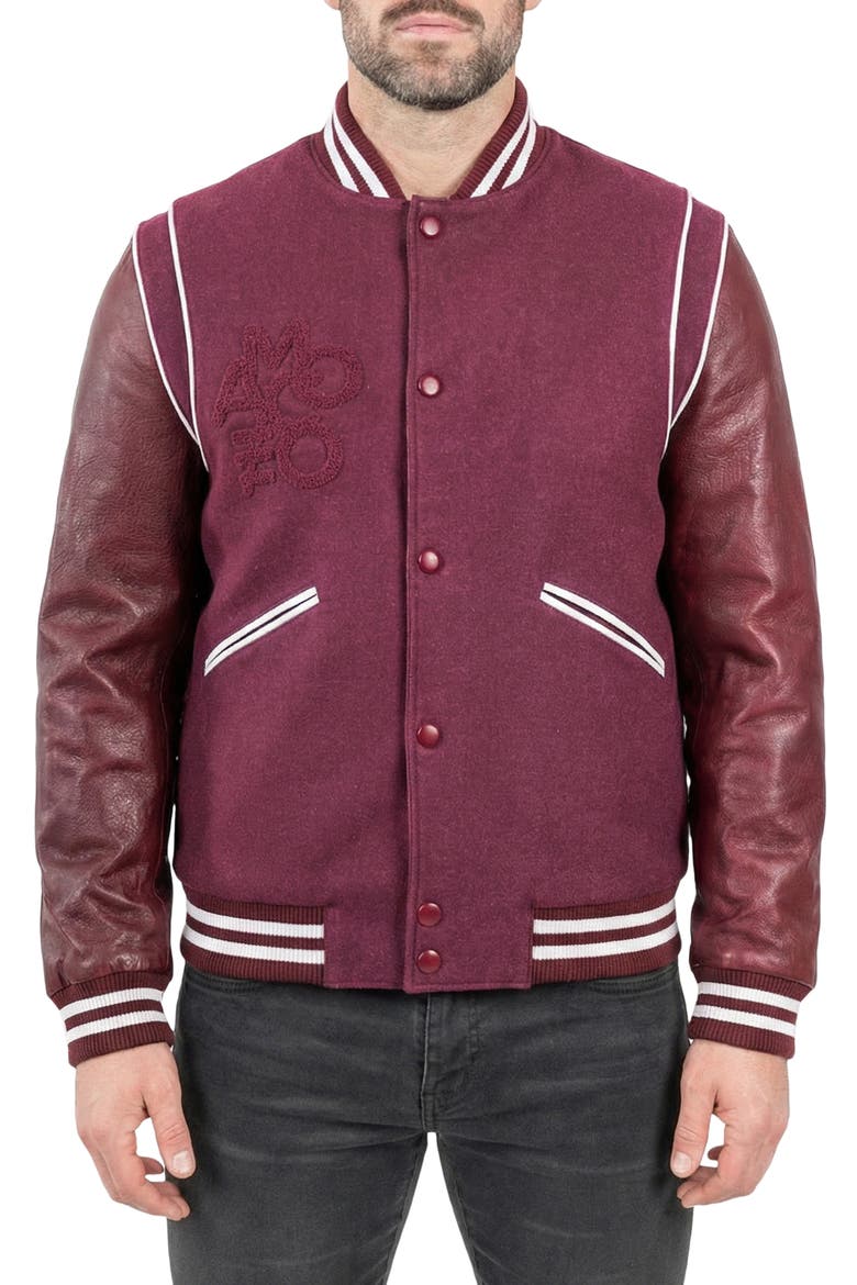 Marthyr Leather Sleeve Varsity Jacket, Main, color, RED