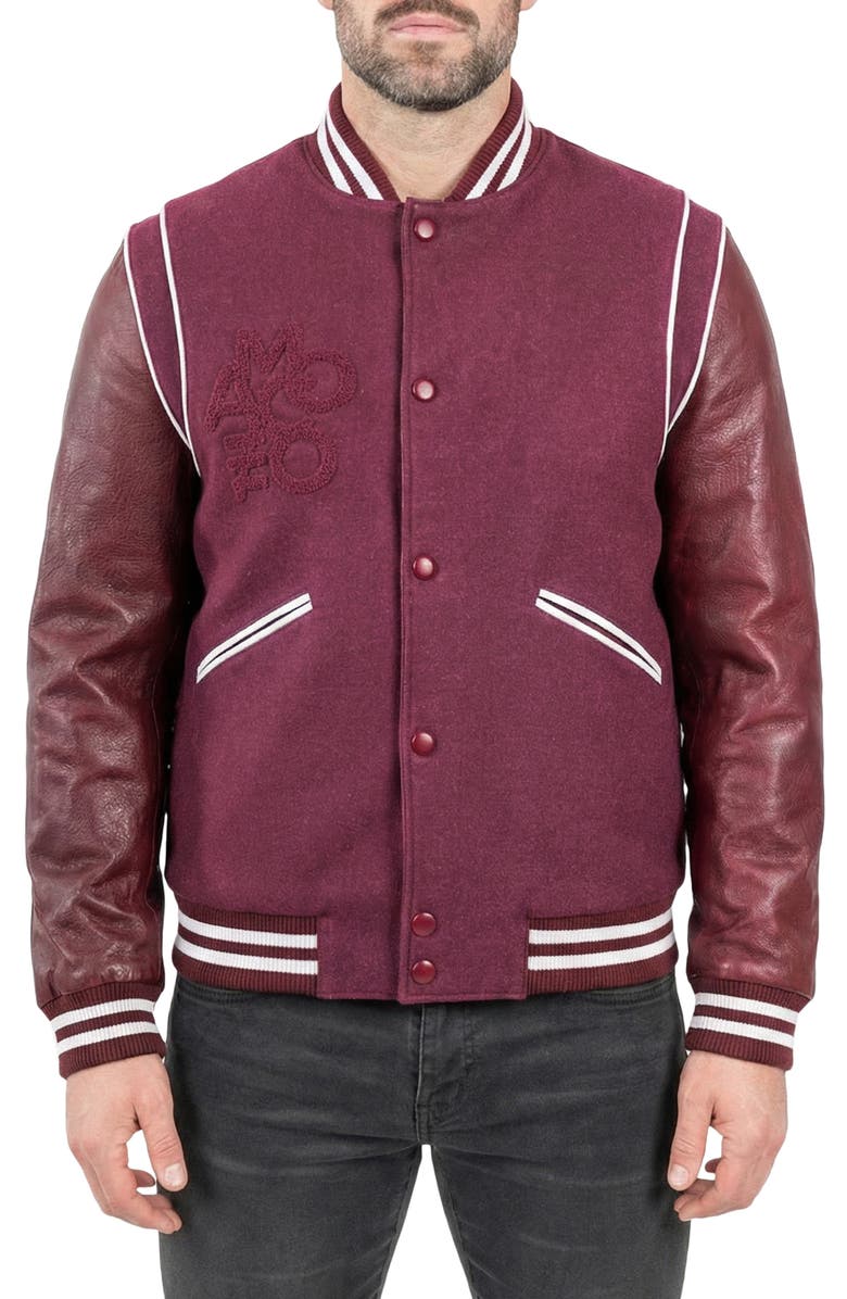 Maceoo Marthyr Leather Sleeve Varsity Jacket, Main, color, Red