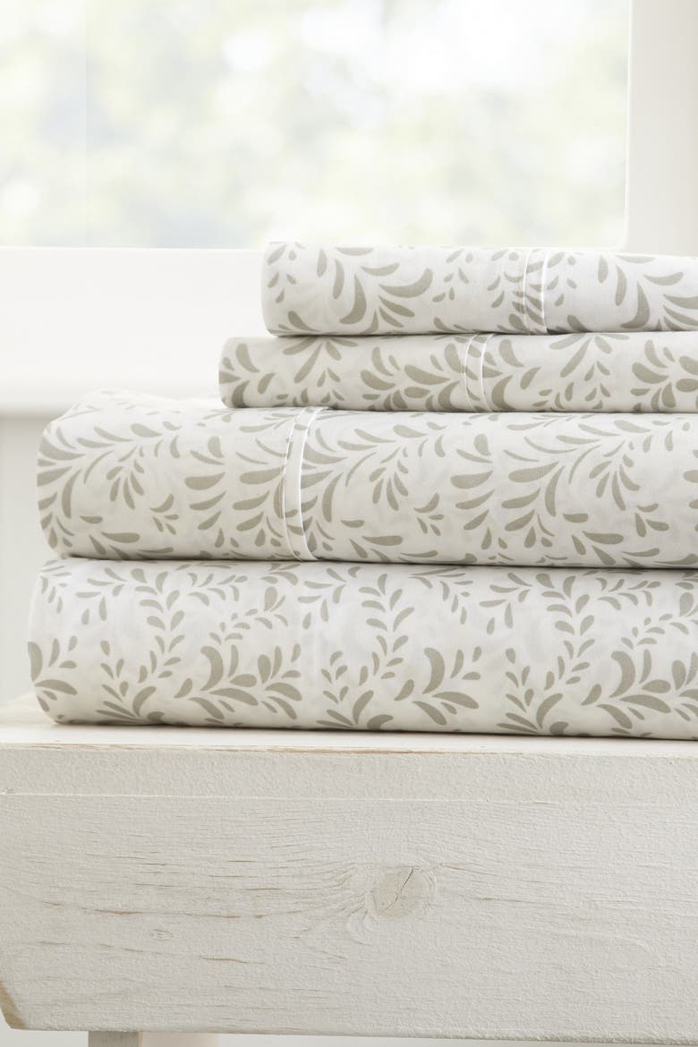 Home Spun Home Spun Premium Ultra Burst of Vines Pattern 4-Piece California King Bed Sheet Set - Gray, Main, color, LIGHT GRAY
