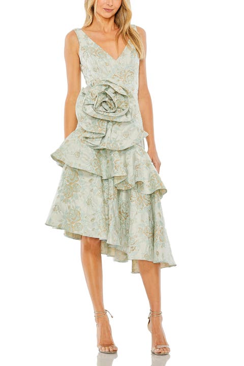 Rose Detail Asymmetrical Brocade Dress