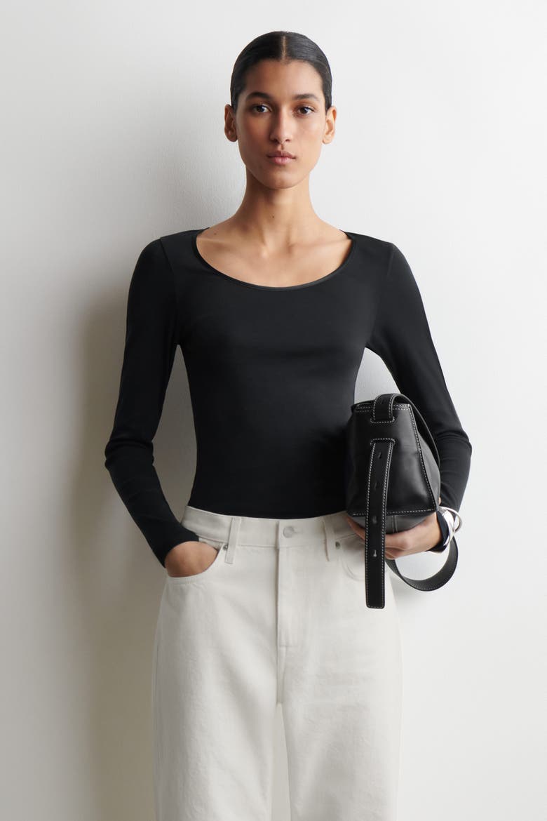 Satin-Trimmed Cotton Jersey Long-Sleeved Top, Main, color, BLACK