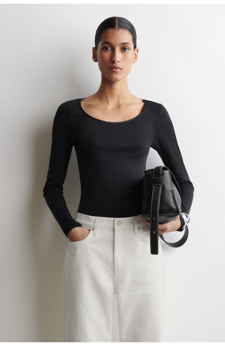 COS Satin-Trimmed Cotton Jersey Long-Sleeved Top, Main, color, Black