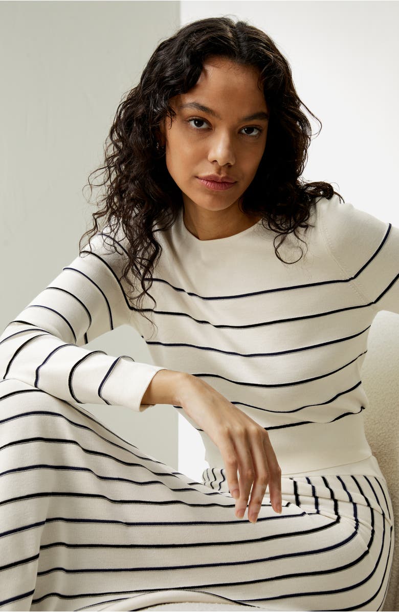 Lilysilk Cropped Silk-knitted Long Sleeve Tee for, Alternate, color, White With Stripes