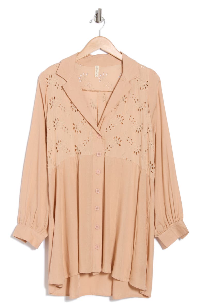 BOHO ME Eyelet Long Sleeve Button-Down Swim Cover-Up, Alternate, color, Sand