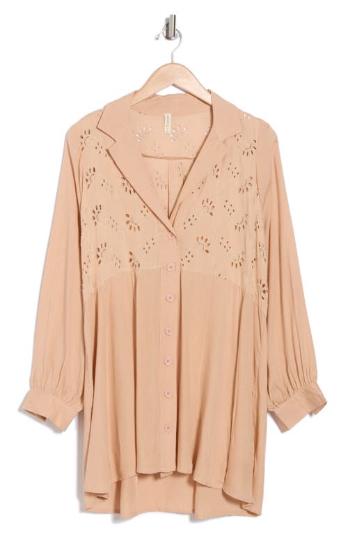 Boho Me Eyelet Long Sleeve Button-down Swim Cover-up In Sand