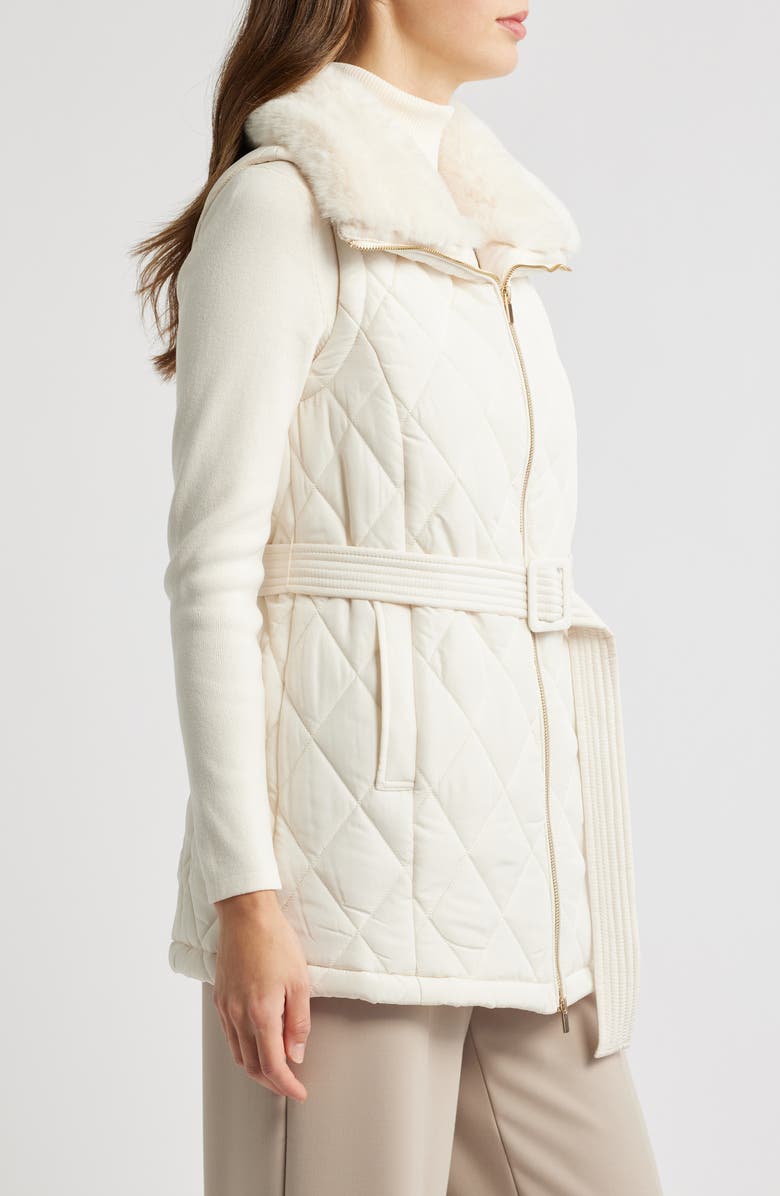 Anne Klein Belted Quilted Faux Fur Collar Vest, Alternate, color, 