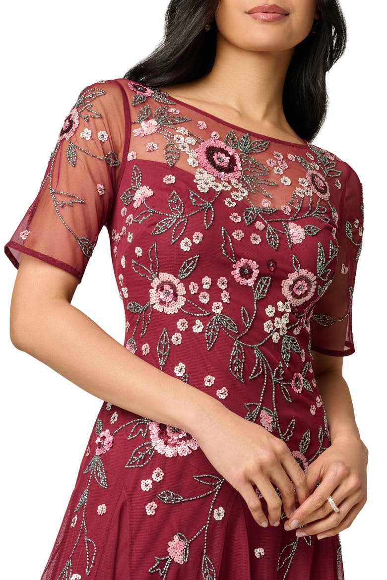 Beaded Flutter Sleeve Mesh Cocktail Dress, Alternate, color, MAHOGANY