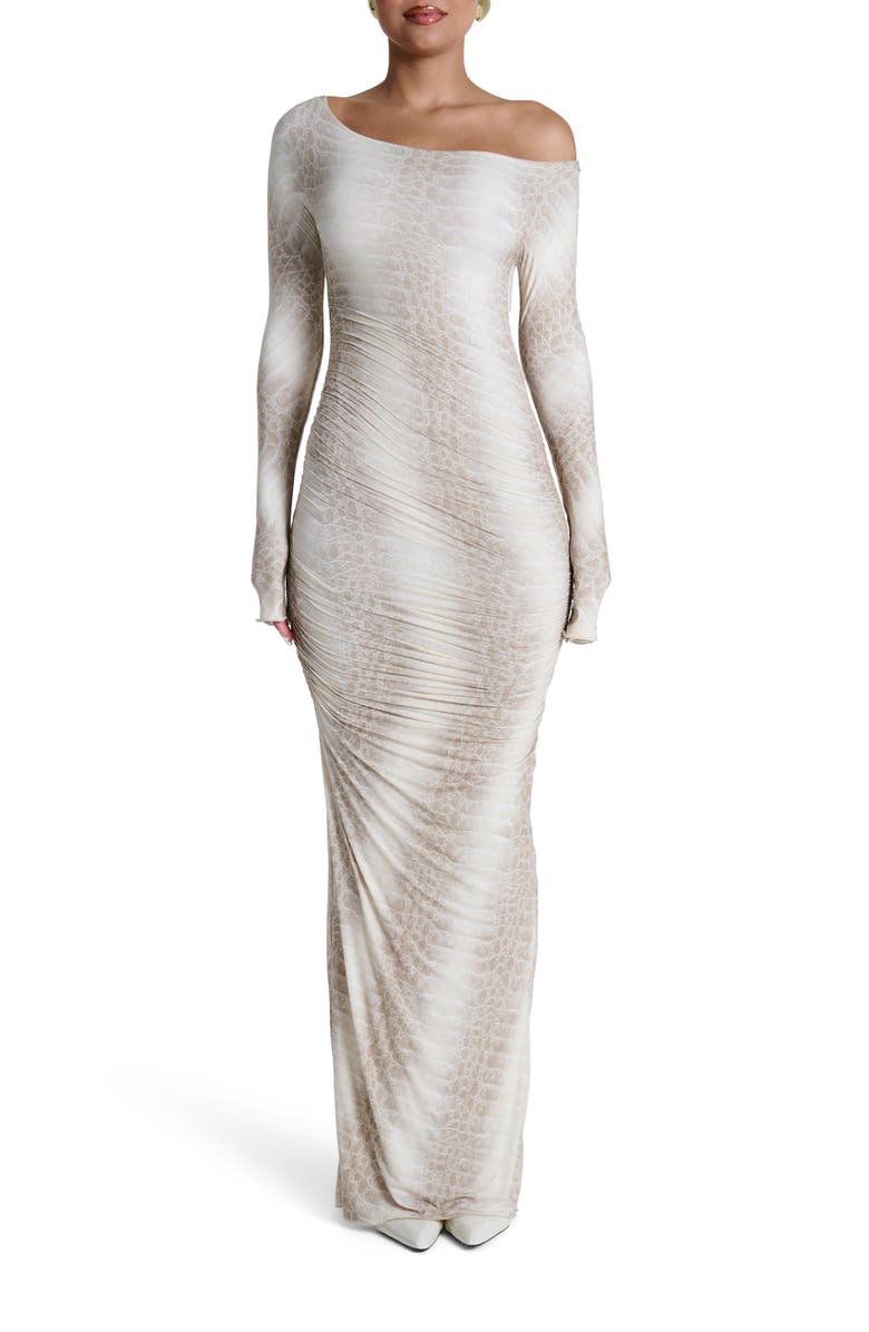 Naked Wardrobe Ruched Off the Shoulder Long Sleeve Maxi Dress, Main, color, Bone Crocodile