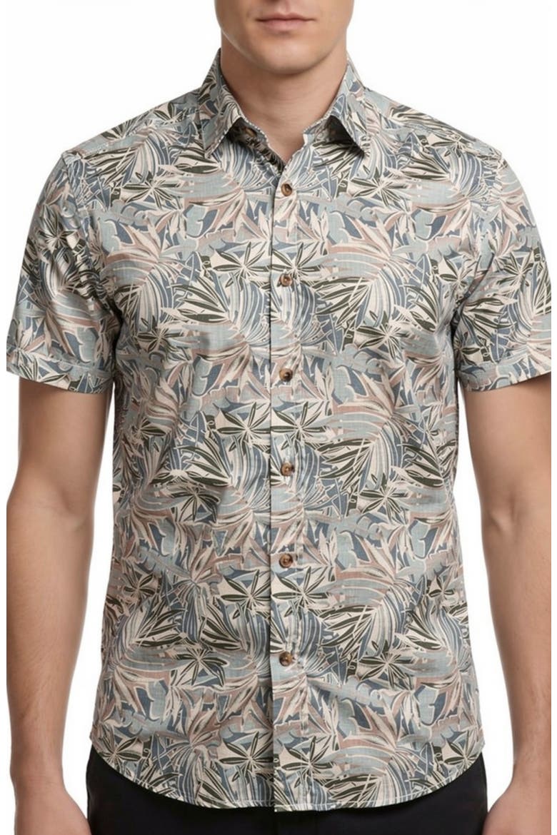 Yarn Dye Tropical Print Button-Up Shirt, Main, color, GREEN
