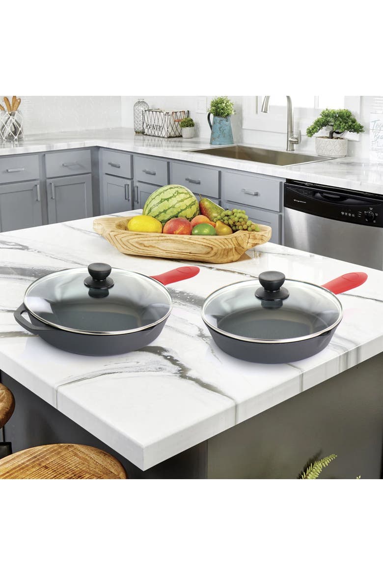 Pre-Seasoned 6 Piece Cast Iron Skillet Set with Lids and Silicone Holders, Alternate, color, Black