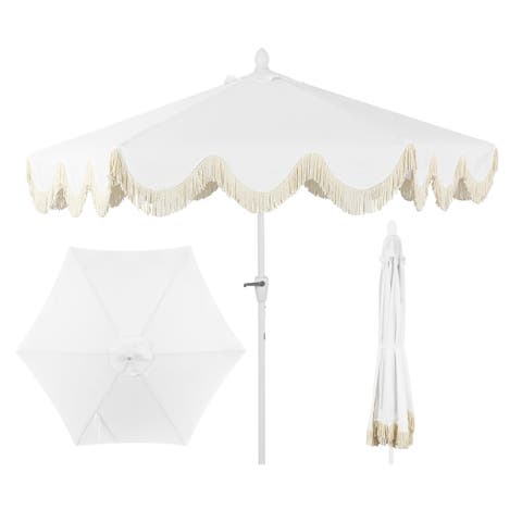 Collins 9 ft. Classic Cottage Fringe Tassel Market Patio Umbrella with Auto-Tilt Crank