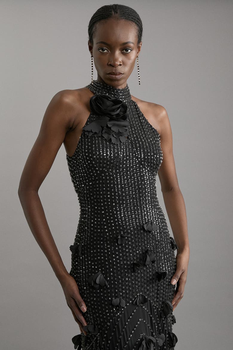 Crystal Rosette Halter-Neck Maxi Dress, Alternate, color, Black