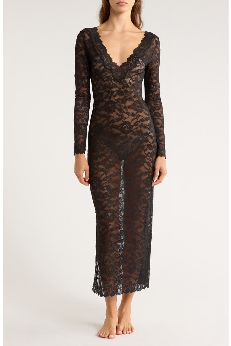 Peony Lace Long Sleeve Gown, Main, color, BLACK