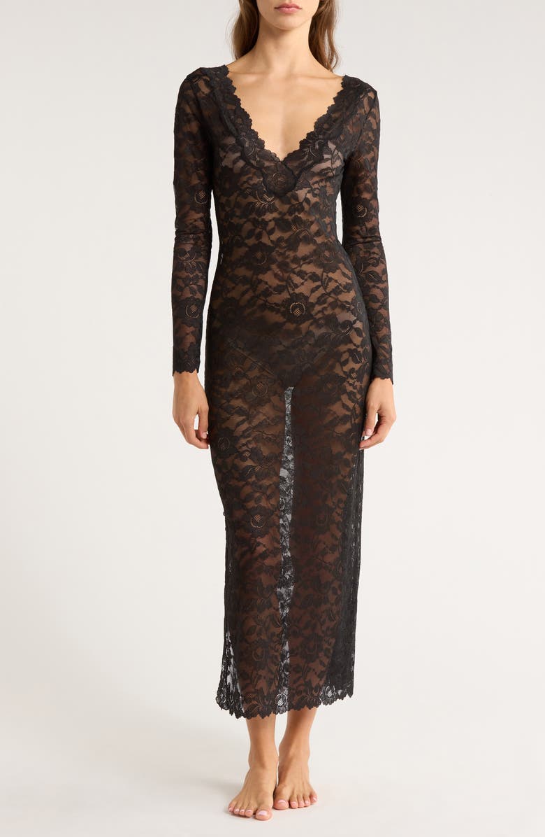Natori Peony Lace Long Sleeve Gown, Main, color, Black