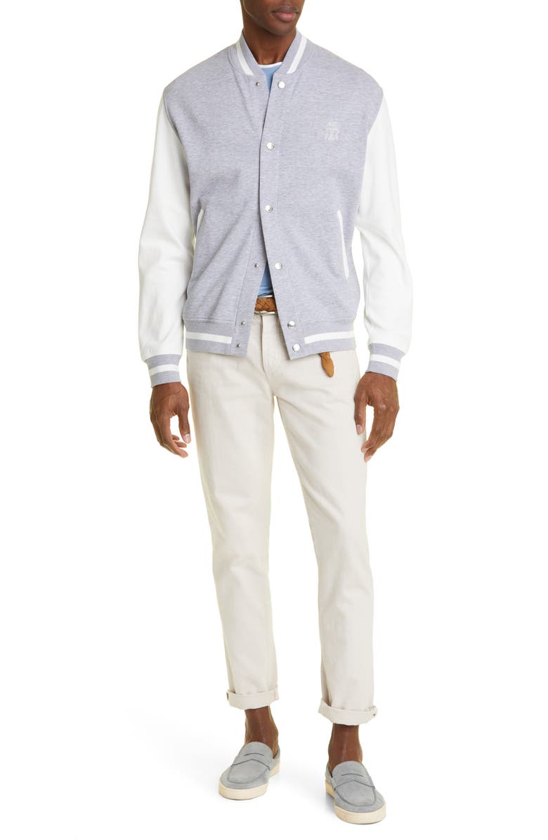 Brunello Cucinelli Cotton Blend French Terry Varsity Bomber Jacket, Alternate, color, 