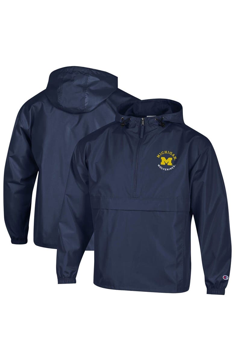 Champion Men's Champion  Navy Michigan Wolverines Packable Hooded Windbreaker Half-Zip Jacket, Main, color, Navy