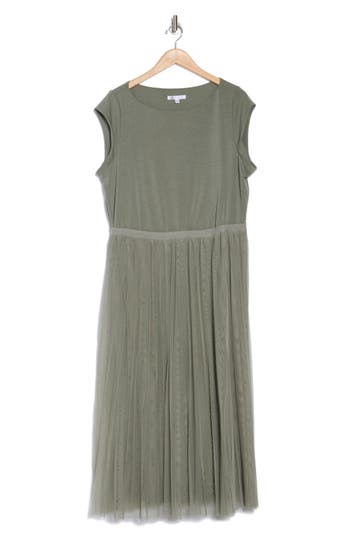 Dr2 By Daniel Rainn Cap Sleeve Tulle Overlay Dress In Washed Agave Green