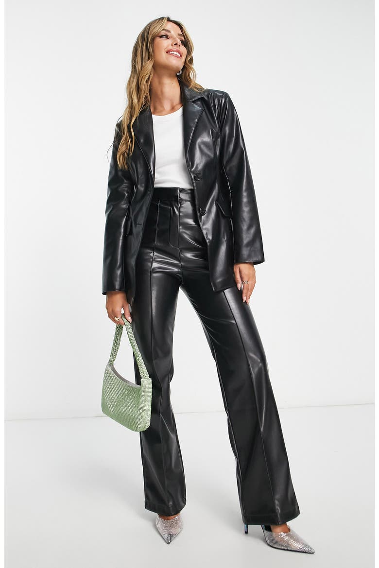 Fitted Faux Leather Blazer, Alternate, color, BLACK