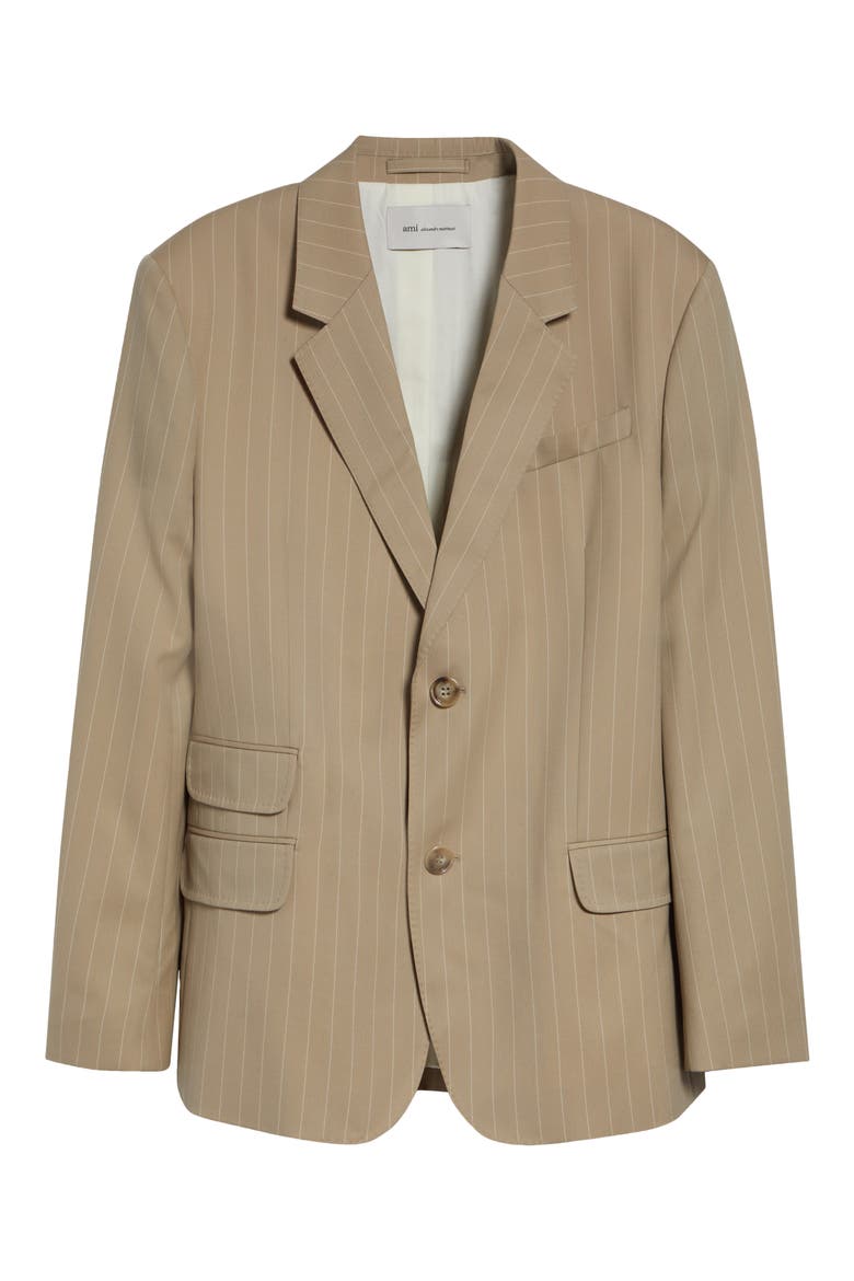 Straight Fit Pinstripe Virgin Wool Gabardine Blazer, Main, color, BEIGE TAUPE/ BLANC CREME