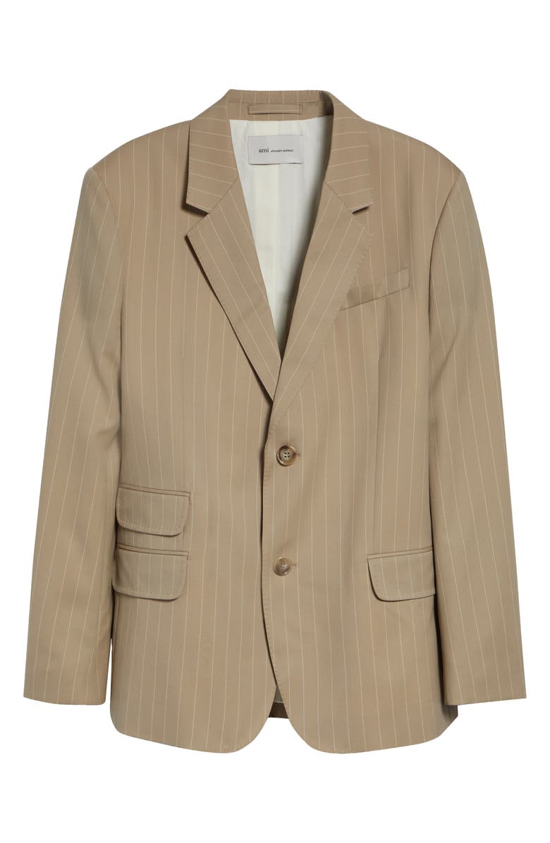 AMI PARIS Straight Fit Pinstripe Virgin Wool Gabardine Blazer, Main, color, Beige Taupe/ Blanc Creme