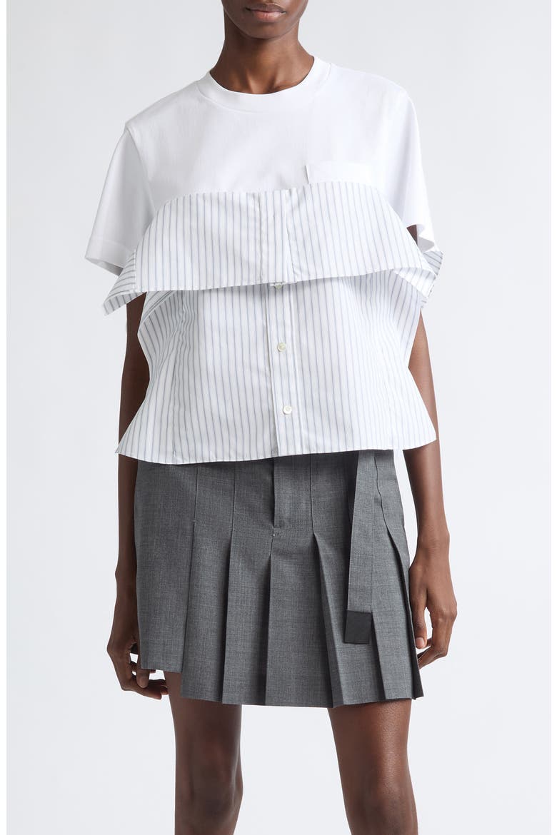 Mixed Media Poplin & Cotton Jersey T-Shirt, Main, color, WHITE/ OFF WHITE STRIPE