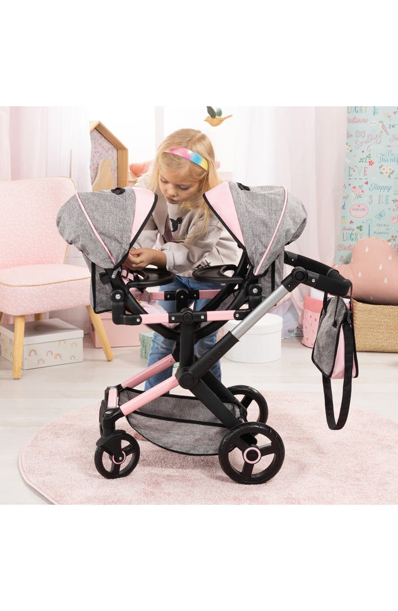 Bayer Design Xeo Twin Pram Butterfly Grey & Pink Matching Handbag, Dolls 20 Inches, Alternate, color, Multicolored