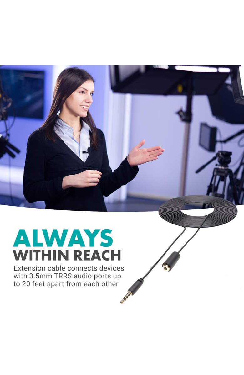 MOVO PM10EC6 20-foot (6m) TRRS Female 3.5mm to TRRS Male 3.5mm Microphone Extension Cable for Smartphones, Alternate, color, Black