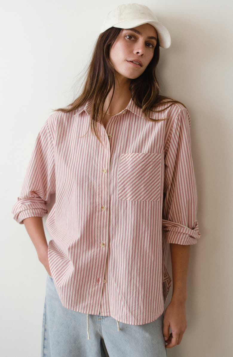 Marine Layer Jane California Relaxed Stripe Cotton Poplin Button-Up Shirt, Alternate, color, Rust Stripe